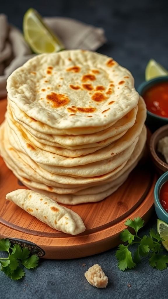 Homemade Tortillas Recipe Freshly made tortillas stacked on a wooden board with salsa and fresh ingredients.